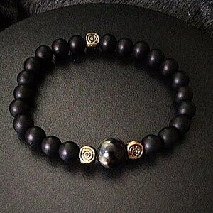 Rustic Unisex Goth ~ Black + Bronze Beaded Stretch Bracelet - Fits 7-7.5" Wrists